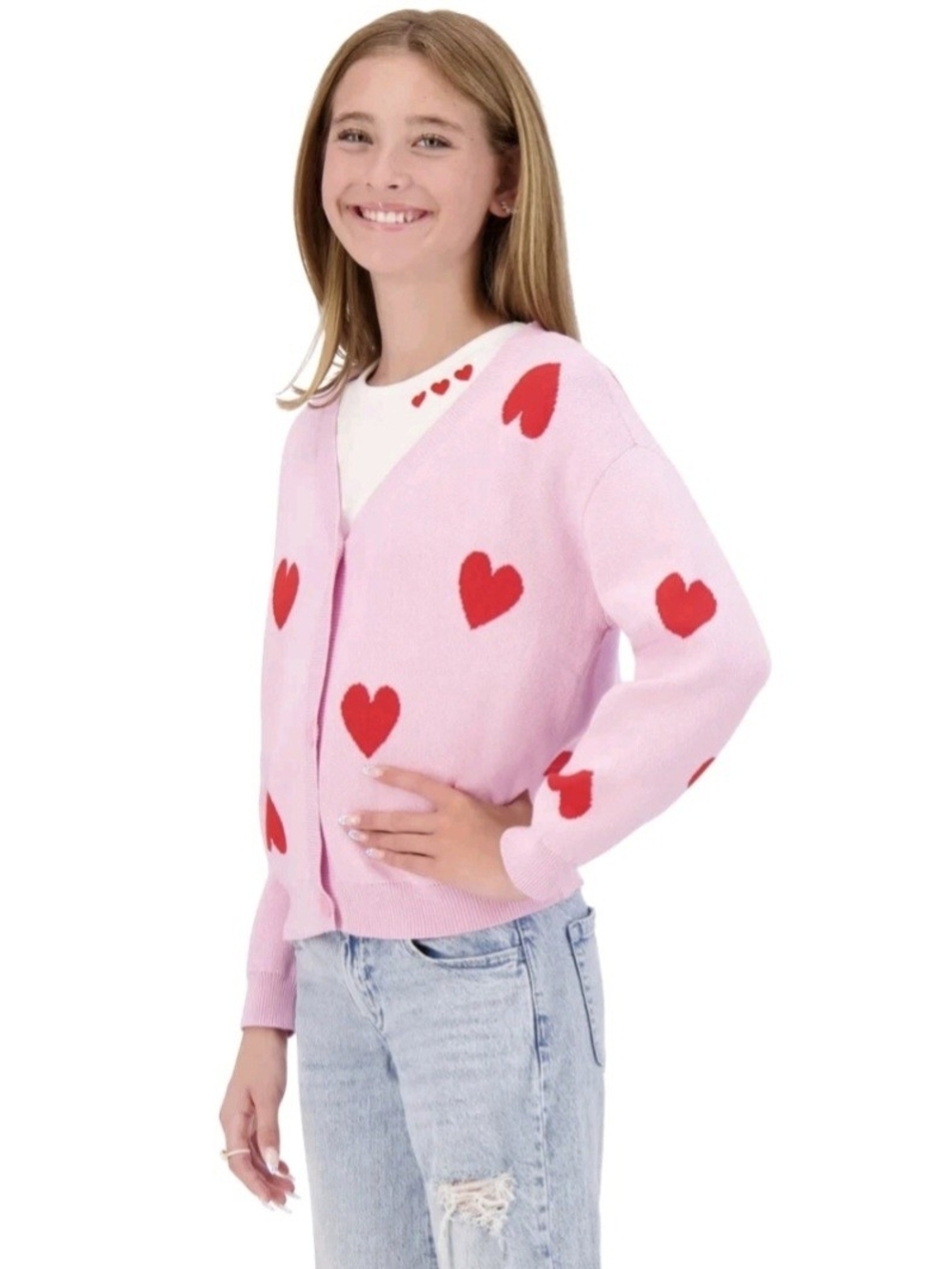 DKNY Cardigan Sweater Pink Red Heart Knit Coquette Preppy Girls Size L 14/16
